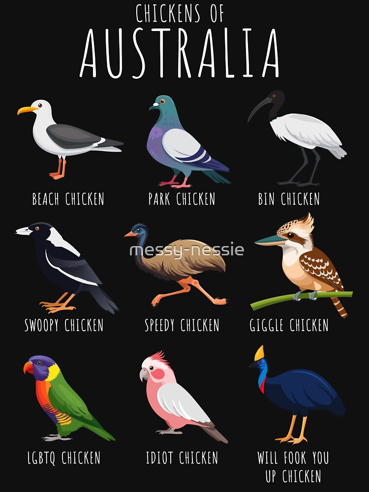 Chickens of Australia – Funny Australian birds with silly chicken names | Aussie Humour (on dark colours) by messy-nessie