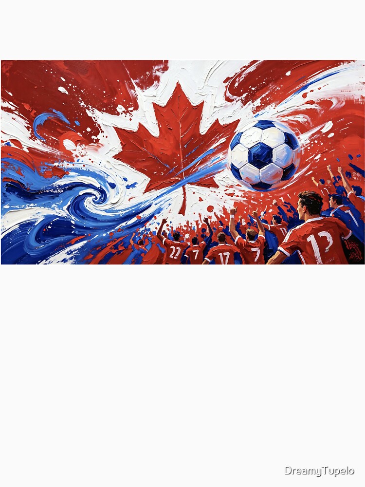 Abstract Canada Soccer Art – Maple Leaf Energy, Dynamic Football Crowd Painting by DreamyTupelo