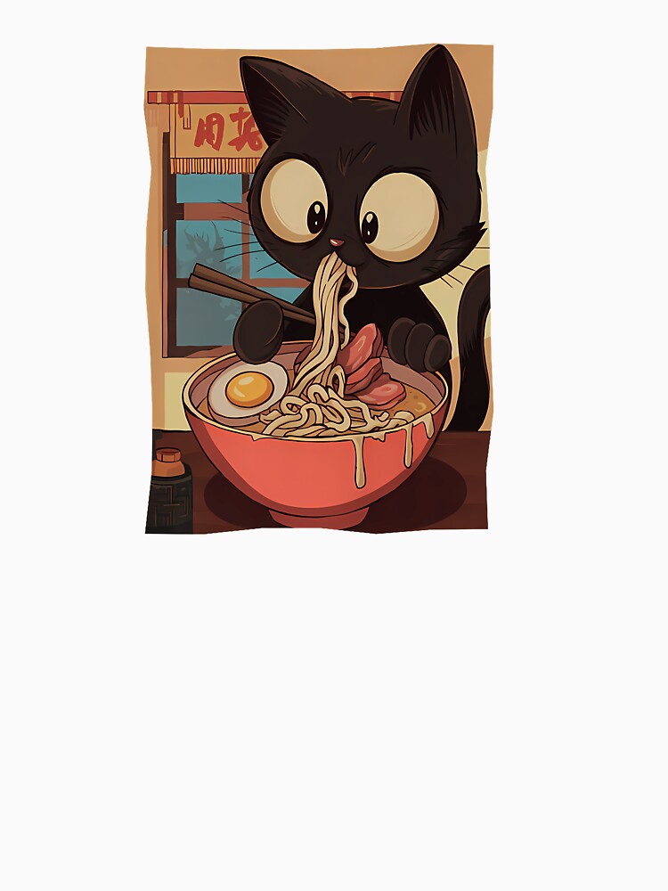 Funny Anime Cat Eating Ramen Japanese Noodles by cawtoon