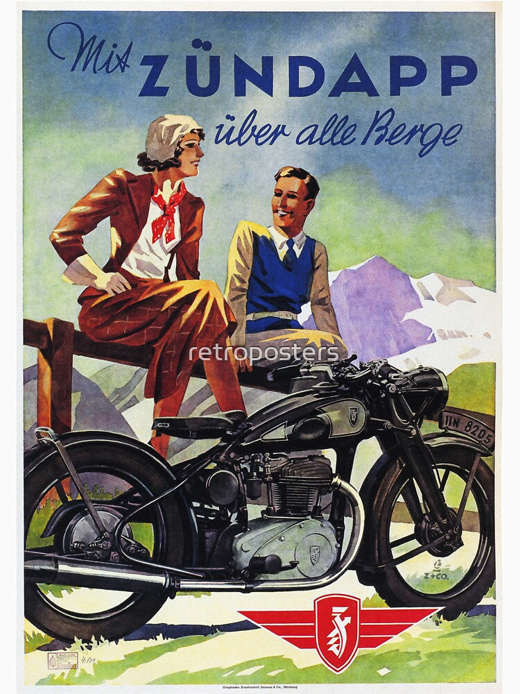 ZUNDAPP Motorcycle Over Mountains Advertisement Vintage German Cycles by retroposters
