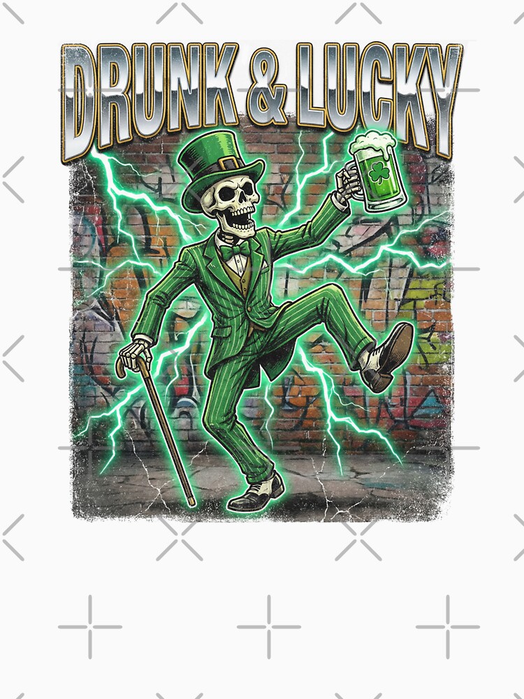 Retro Vintage Skeleton Drunk & Lucky St. Patrick's Day 90s Bootleg Style Funny Shamrocks T-Shirt by Clothesbest