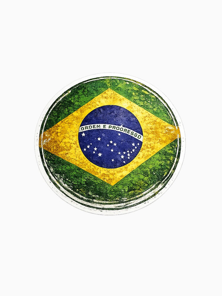 Brazil Flag Circular Sticker | Grunge Brush Style Brazilian Flag Design by RelateAndTee