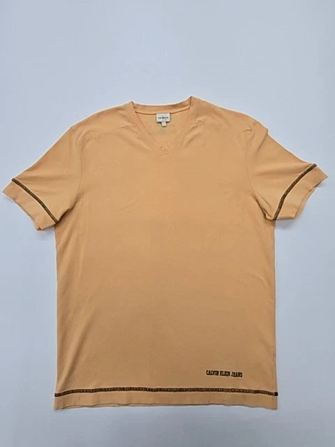 Calvin Klein Jeans Men's Beige V-Neck T-Shirt Size XL Logo