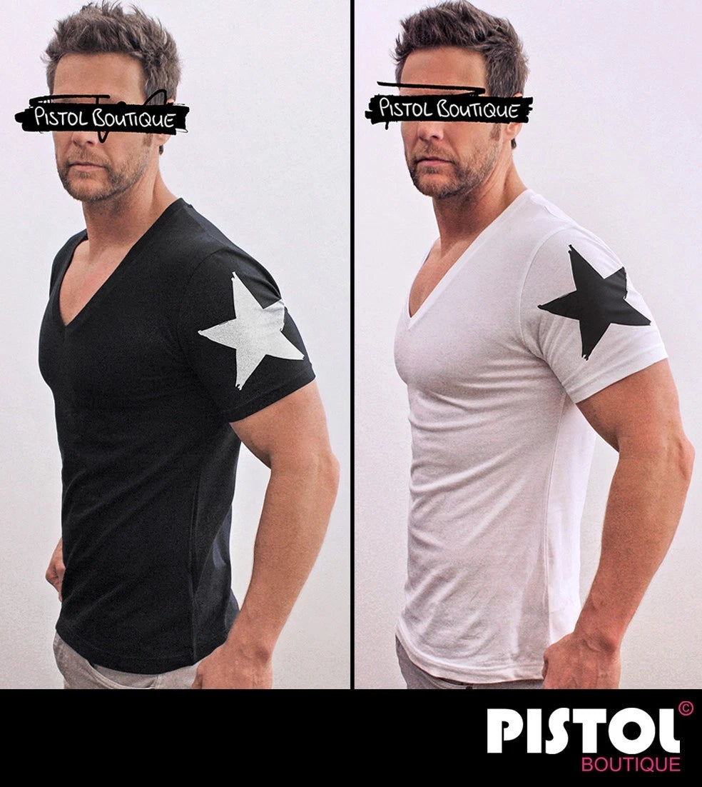 Pistol Boutique Men's Short Sleeve Deep Neck V-Neck Fitted Jersey T-Shirt Black
