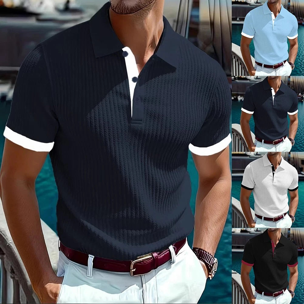 Short Sleeve Stripe Turn Down Collar T-Shirt for Men Slim Fit Casual Summer Top