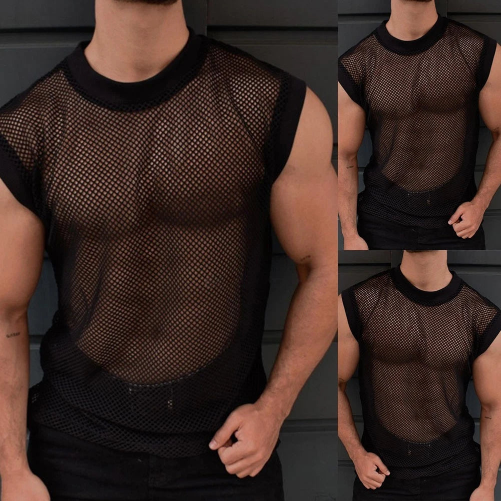 Fashionable Men's Sheer Mesh Sleeveless Tank Top Nightclub Streetwear Vest