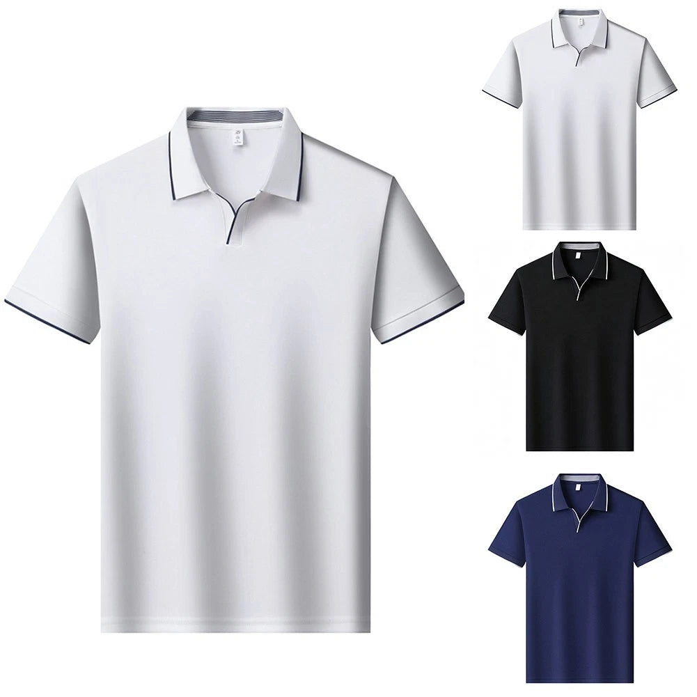 Men Contrast Trim V Neck Lapel Short Sleeve T Shirt for Business Daily Wear