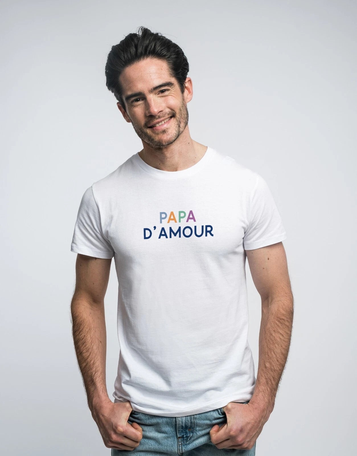 PAPA D'AMOUR COLORÉ Color Block Men's Short Sleeve White T-Shirt