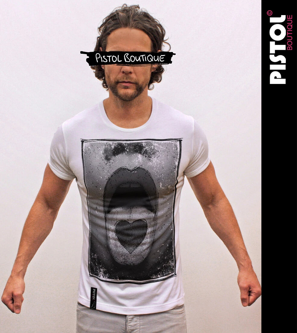 Pistol Boutique Herren Slim Fit Weiß Rundhals SKETCH HEART TONGUE T-Shirt