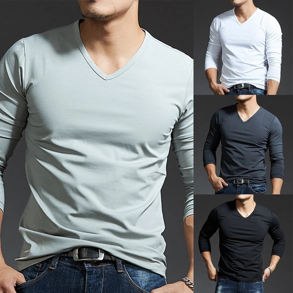Stylish Men's Long Sleeves Muscle Tee V Neck Slim Fit Blouse for Activewear