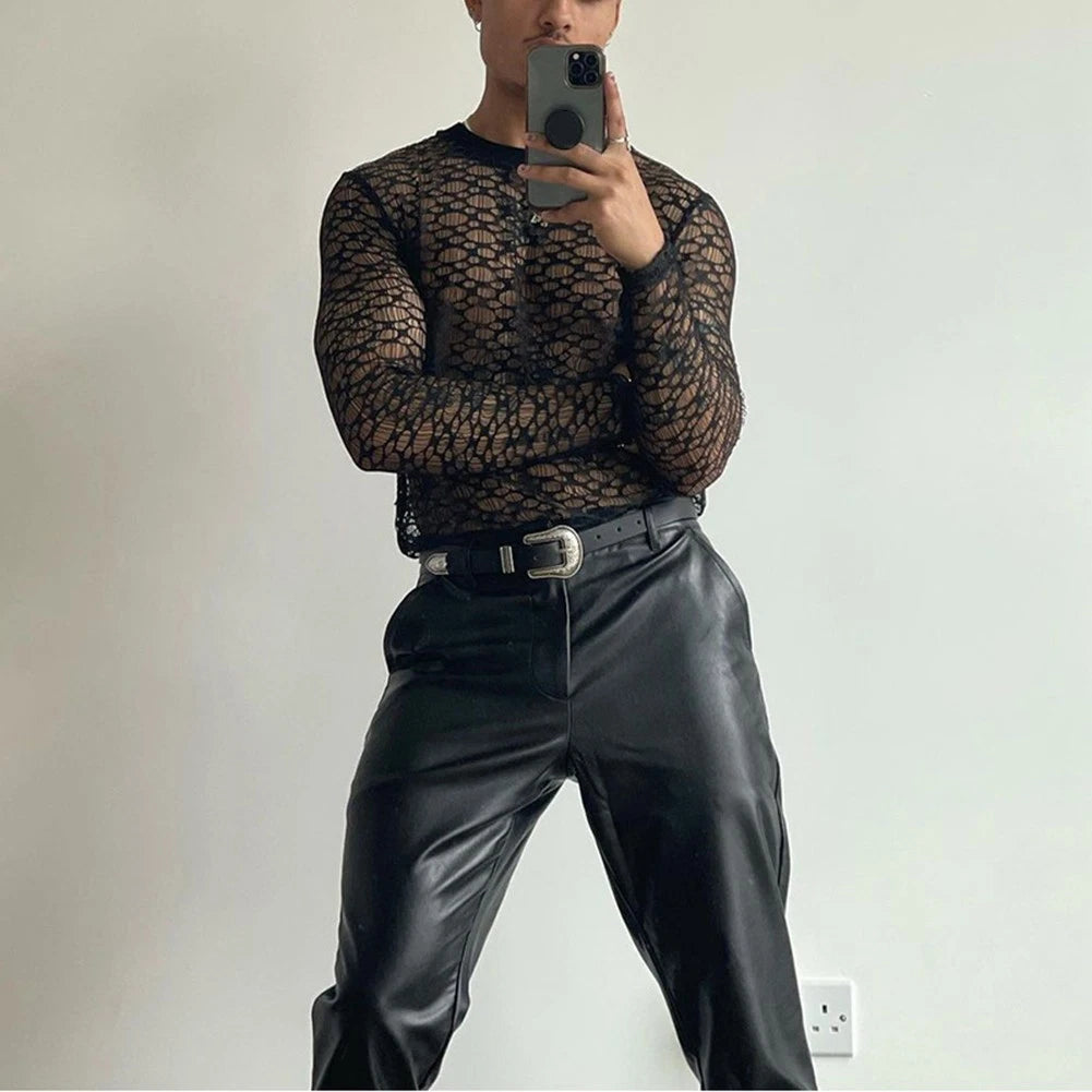 For Layering Men Mesh Tee Hollow Out Top For Daily Wear Mesh Fabric Hollow Out