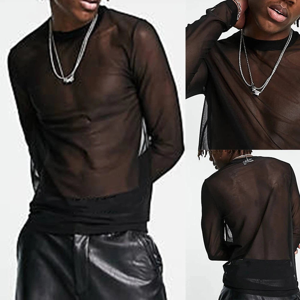 Stylish Men's Fashion Mesh Long Sleeve T Shirt Nightclub Clubwear Tops