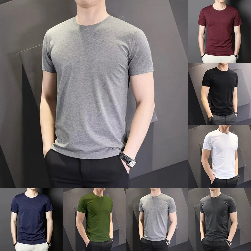 Round Neck Short Sleeve Slim Fit Men T-Shirt in Solid Colors for All Seasons