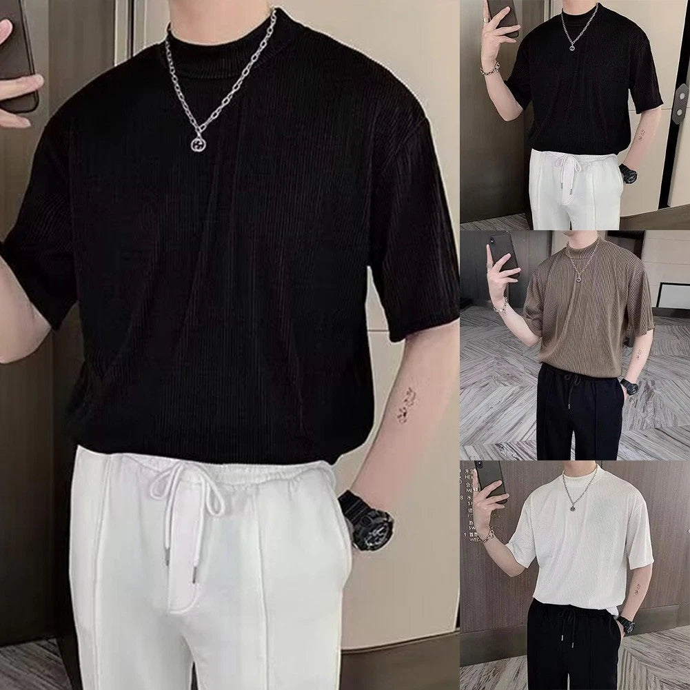 Drapey Pleated Ice Silk T-Shirt for Men Short Sleeve Round Neck Slim Fit Top