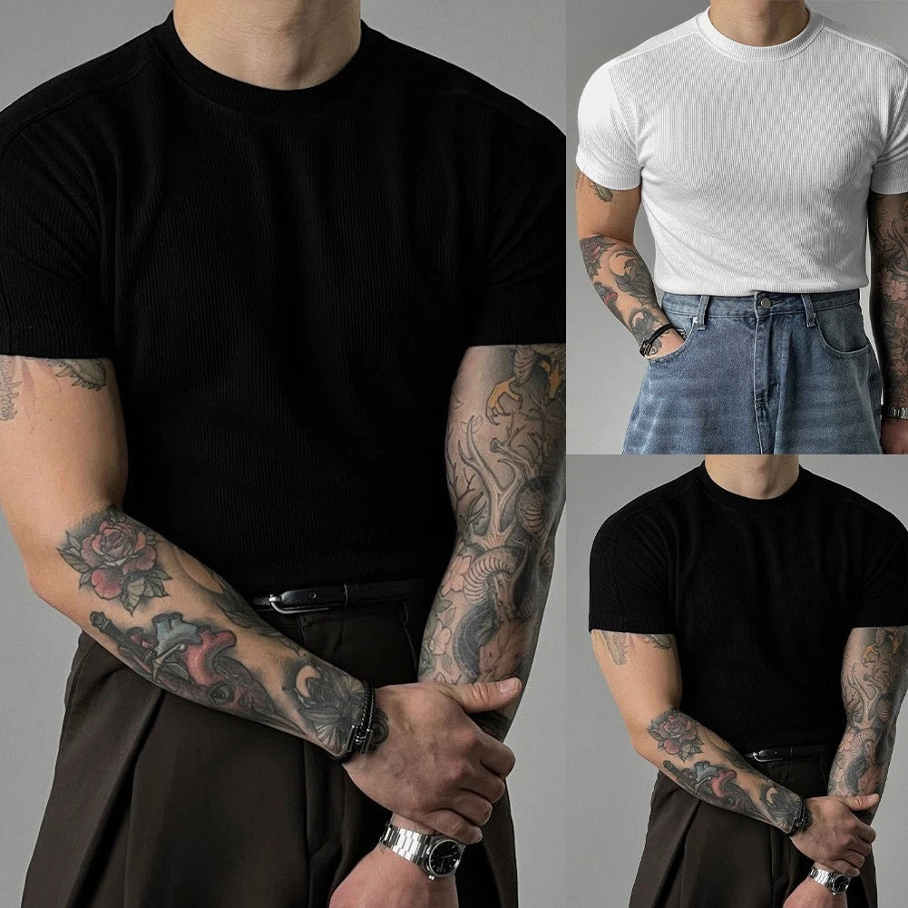 Men Fitness Tee Short Sleeve Ribbed Texture Slim Fit 95%Polyester+5%Spandex