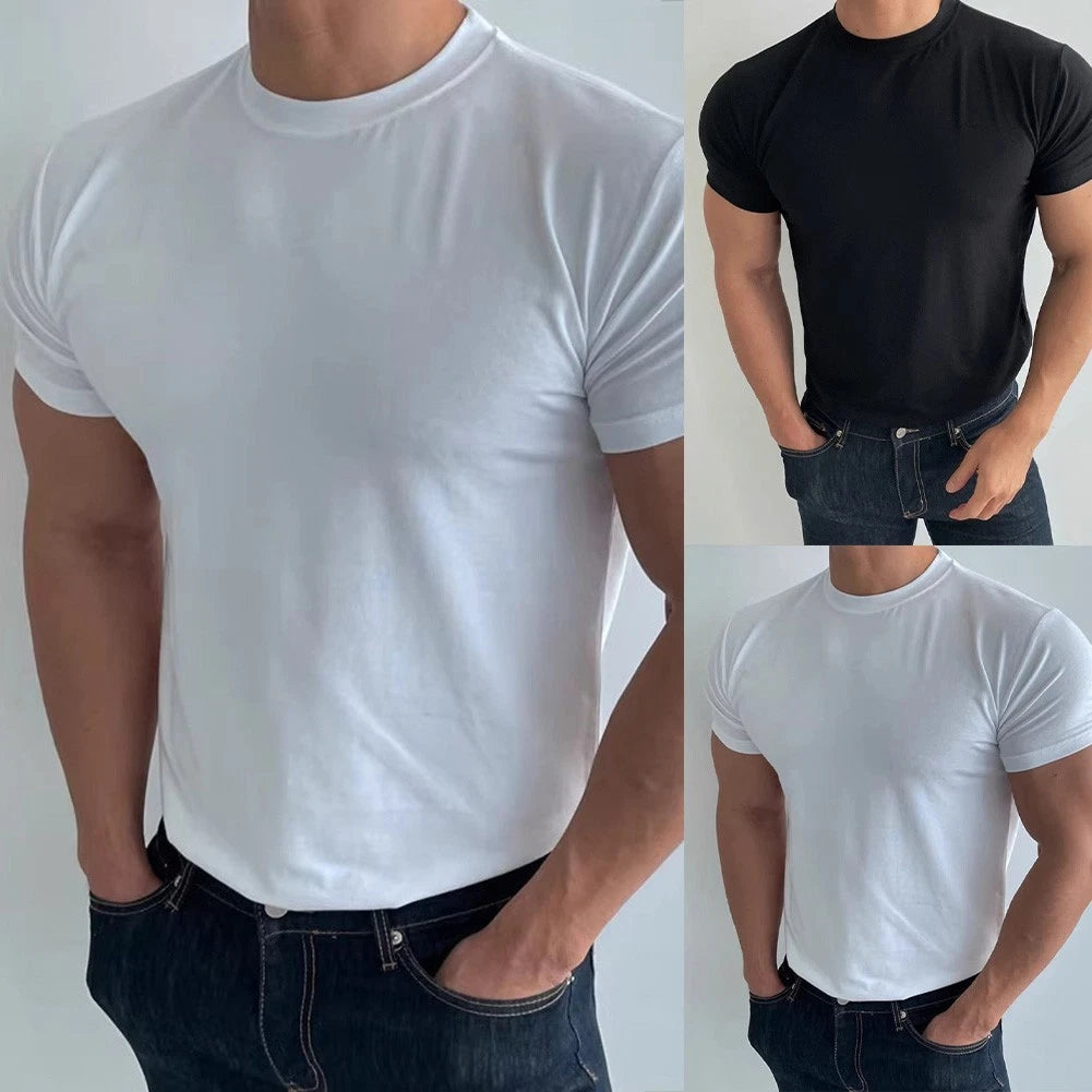 Short Sleeve Tee Men Slim T-Shirt Slim Fit Short Sleeve Elastic Round Neck