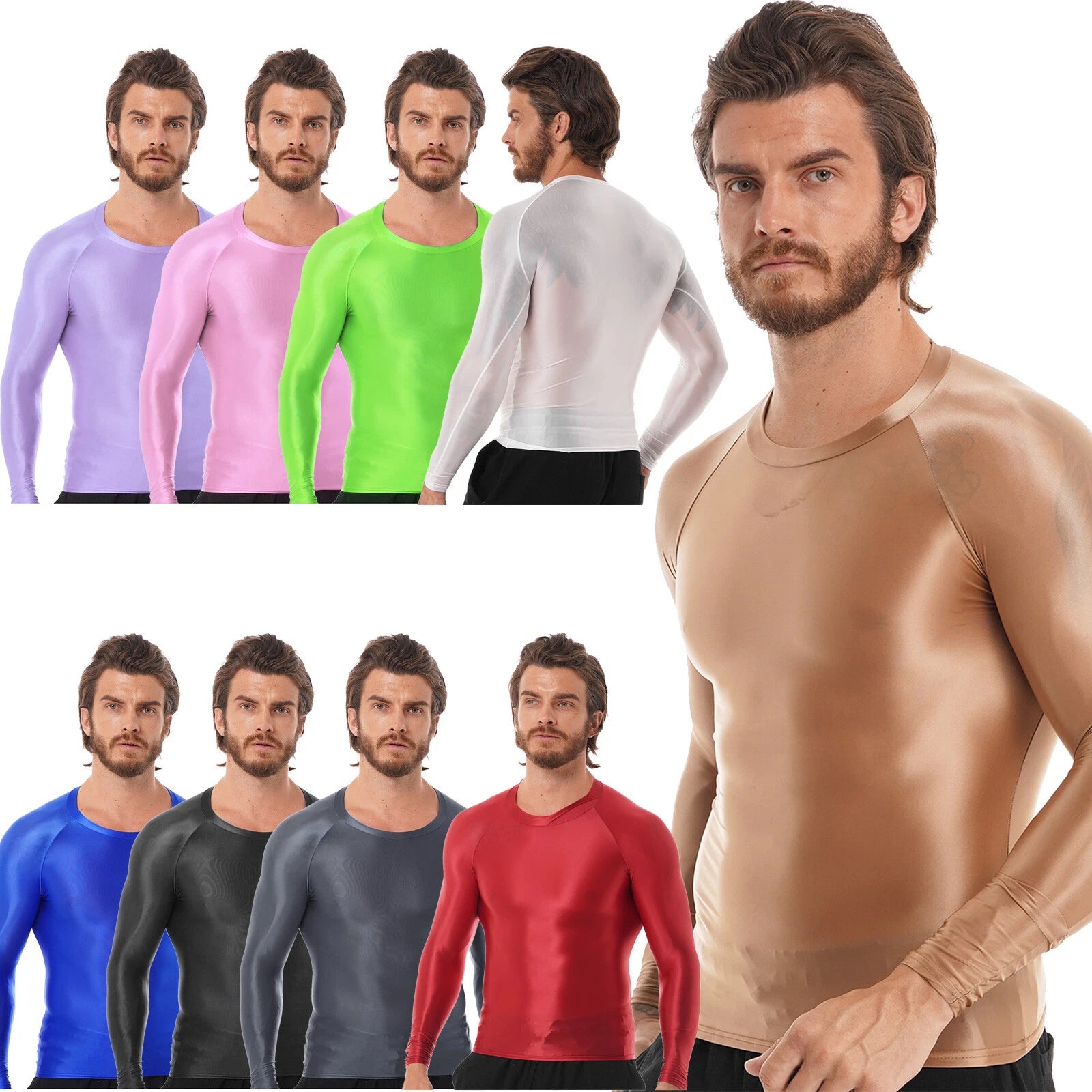 YiZYiF Men Shiny Glossy Long Sleeve Tee Top Party Dance T-Shirt Slim Fit Yoga