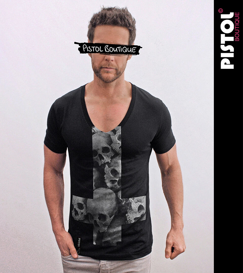 Pistol Boutique Herren Slim Fit Schwarzes Deep V-Neck Skull Cross T-Shirt
