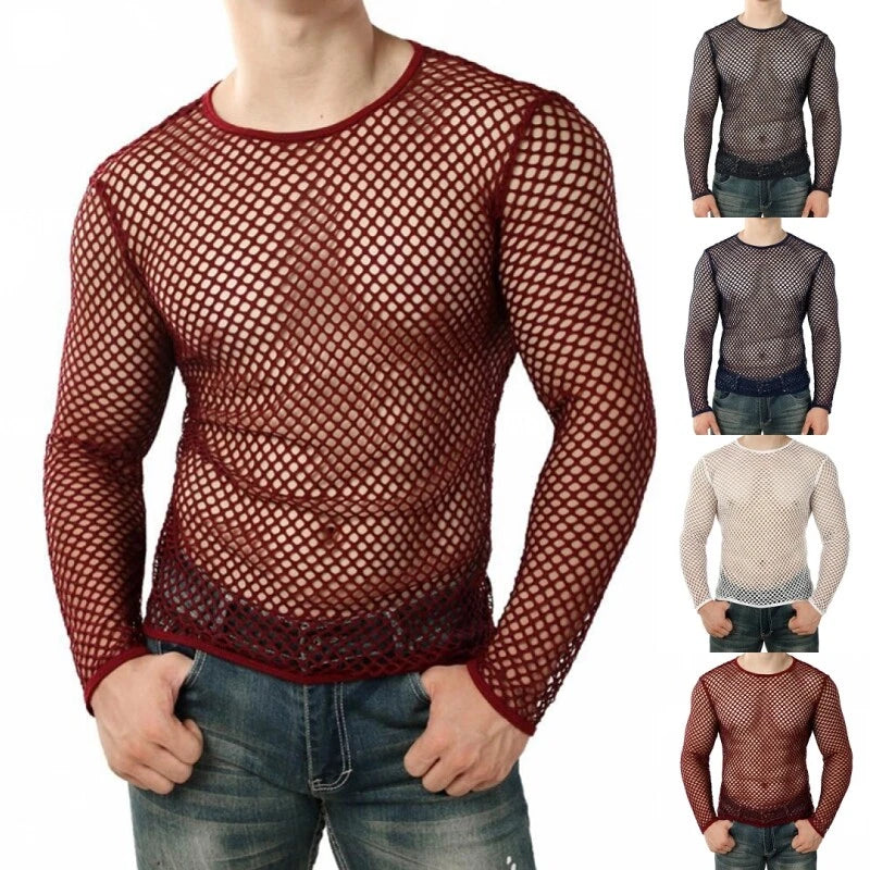 Men Net Blouse Long Sleeve Mesh Shirt Mens Casual Crew Neck Muscle Top Fishnet