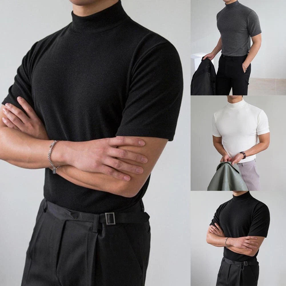 Men's Half High Collar Solid Color T Shirt For Slim Fit Breathable Short Sleeve