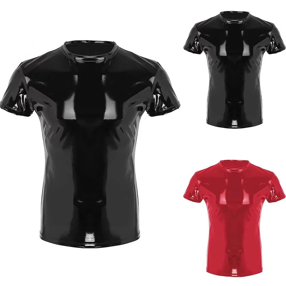 Shiny and Stylish Men's Faux Leather Clubwear T Shirt in Short Sleeve Style