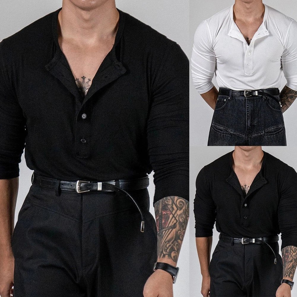 Ribbed Stretch Tee Men V Neck Shirt Fitness Sports Regular Length Solid Color