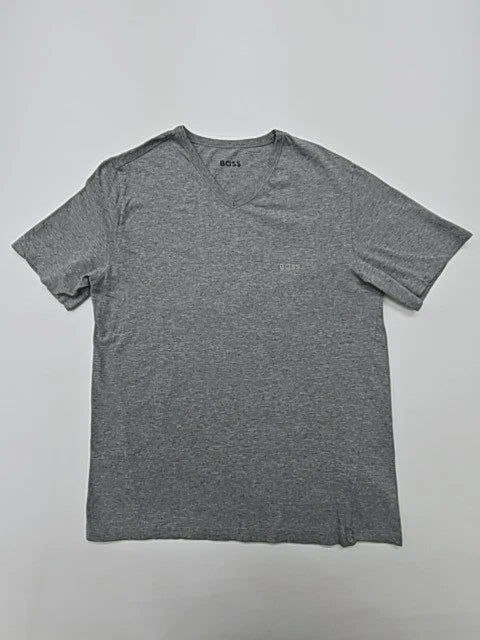 Boss Men Gray Logo V-Neck T-Shirt Size L Regular Casual Cotton Jersey