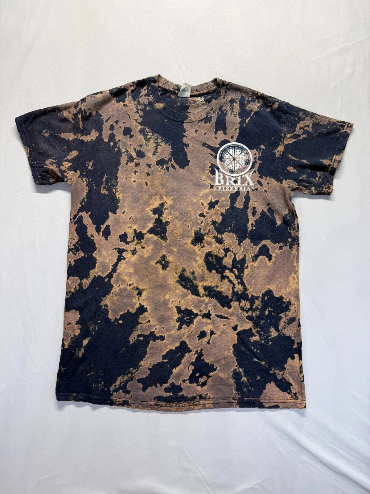 Gildan T Shirt Mens S/M Brown Black Tie Dye Graphic Brix Pizzeria Logo Cotton