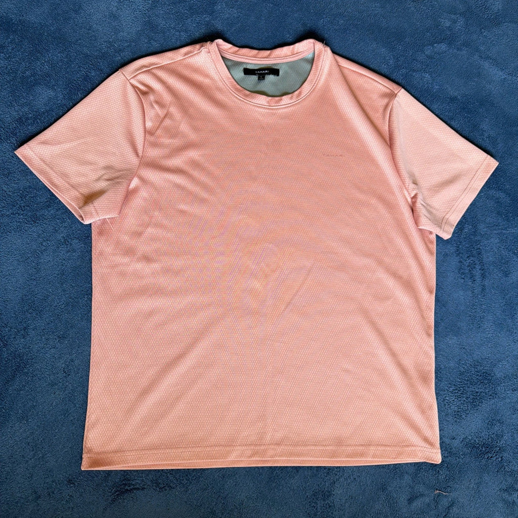 Tahari Shirt Mens Large Solid peach/ salmon Crew Neck Short Sleeve Stretch