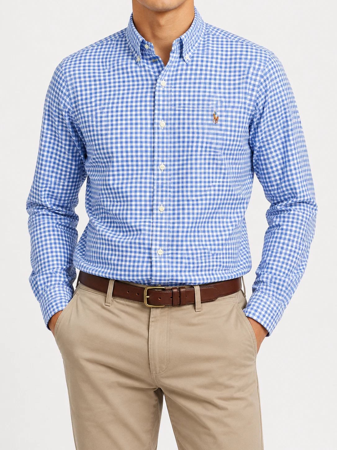 Ralph Lauren Men Blue White Gingham Slim Fit Button-Up Shirt XL Vintage