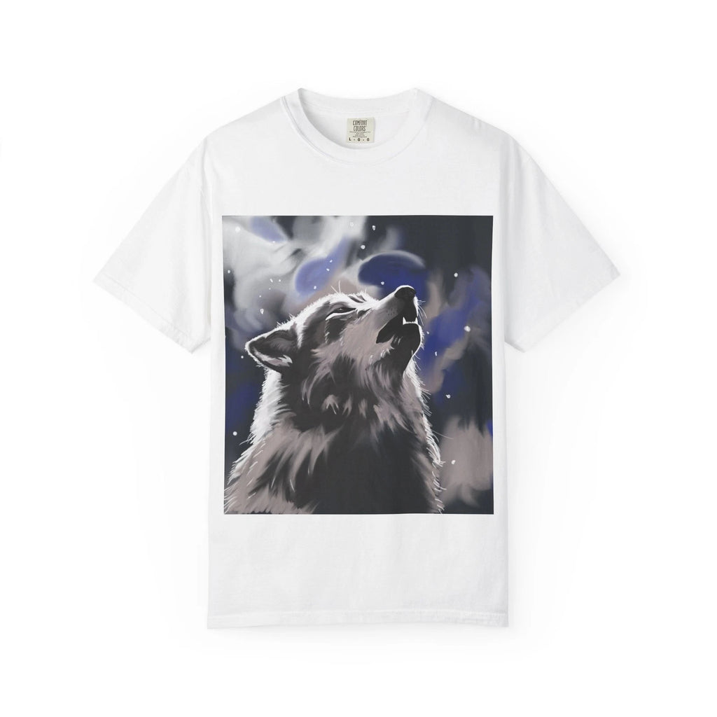 Howling Wolf Illustration T-shirt | Night Sky, Snowy Forest