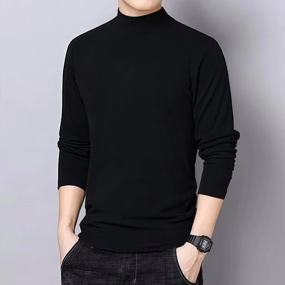 Men High Neck Velvet Casual Top Solid Color Long Sleeve Thin for Daily Wear