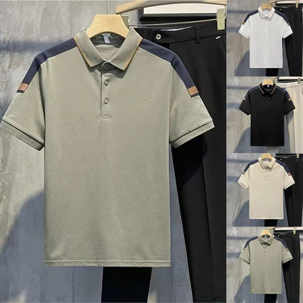 Men's Slim Fit Short Sleeve T-Shirt Polyester Spandex Lapel Splicing White