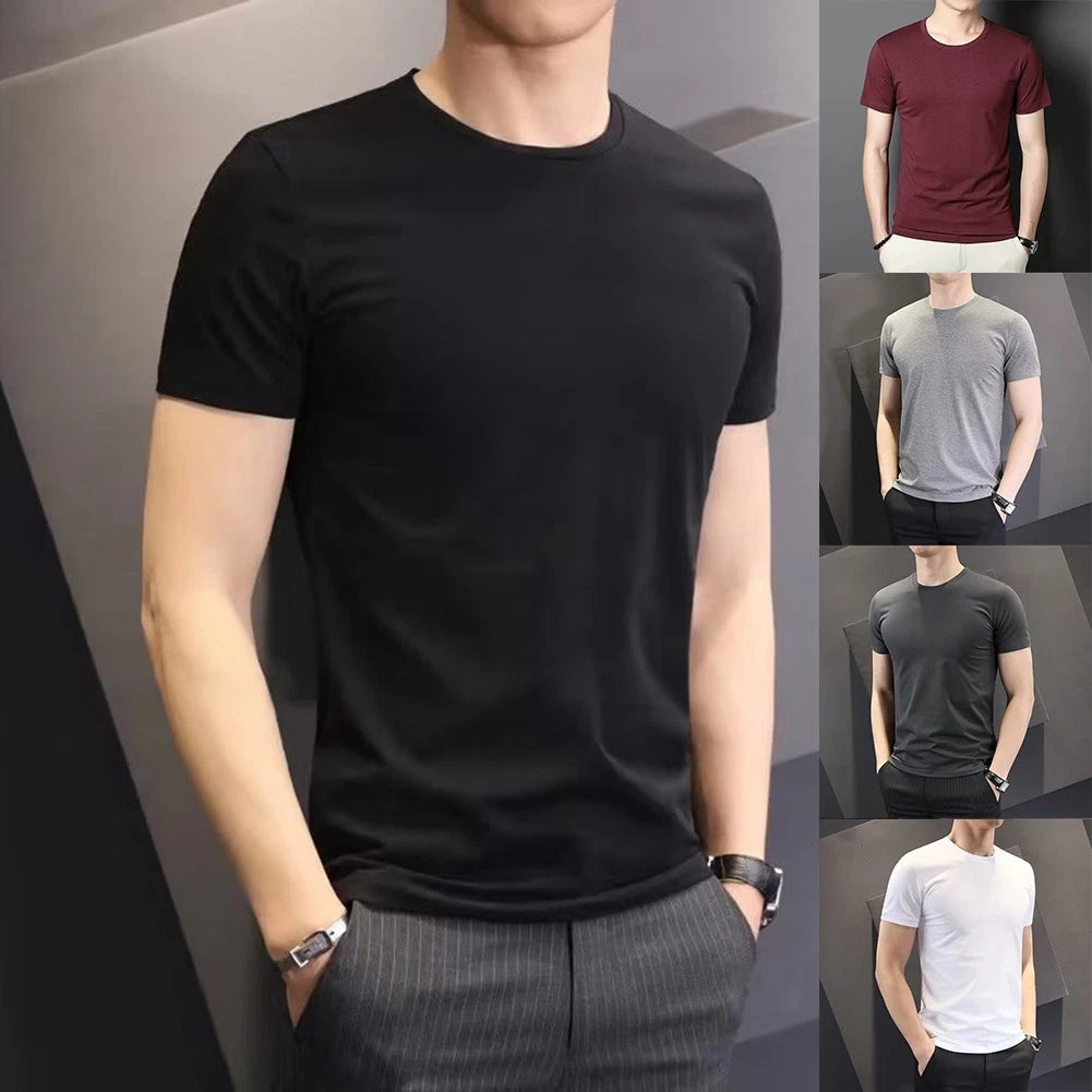 Modern Short sleeved Bottoming Pullover Solid Color Casual Tee for Men