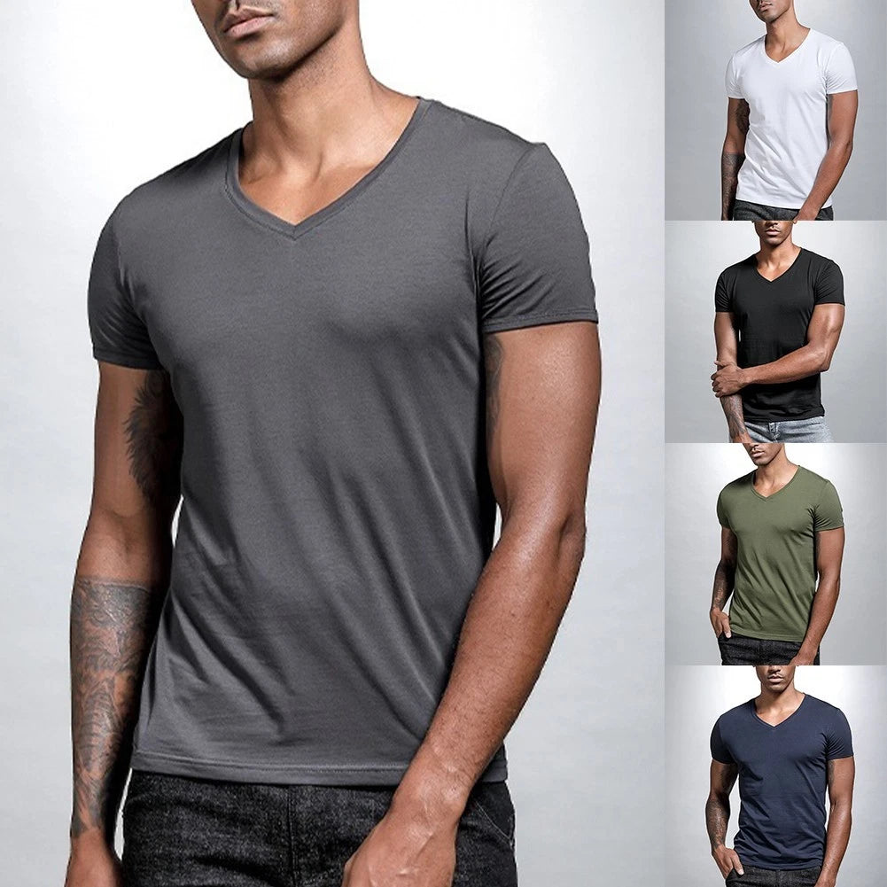 Men's Casual Slim Fit Polyester T Shirt Short Sleeve V Neck Fitness Activewear