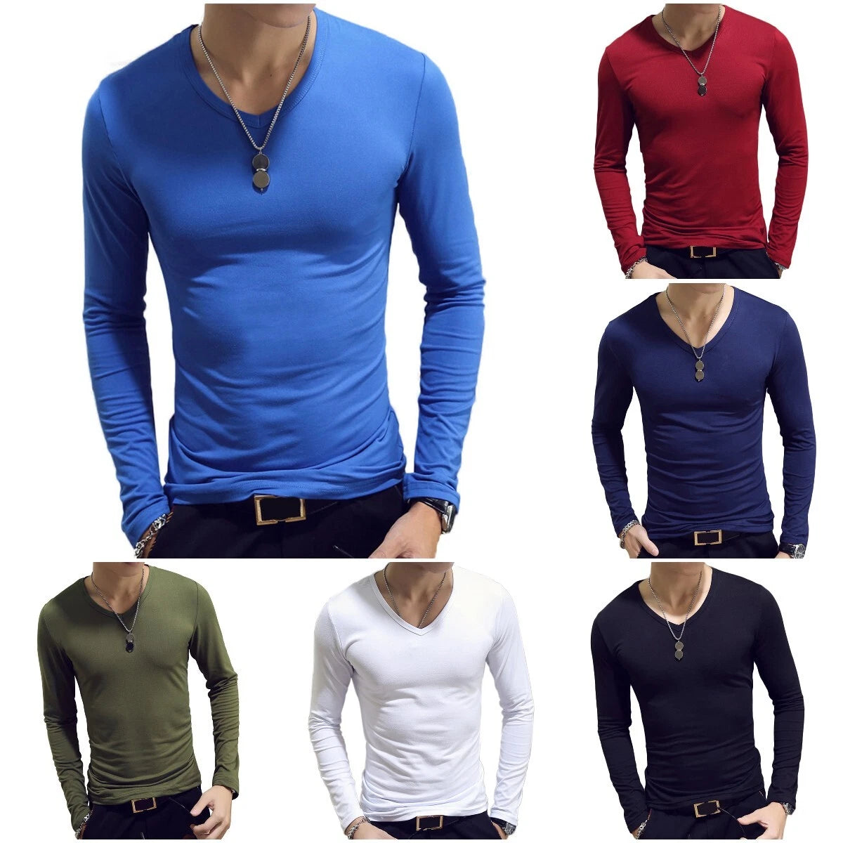Men Basic Plain Slim Fit V Neck Pullover Long Sleeve T-Shirt Muscle Workout AU