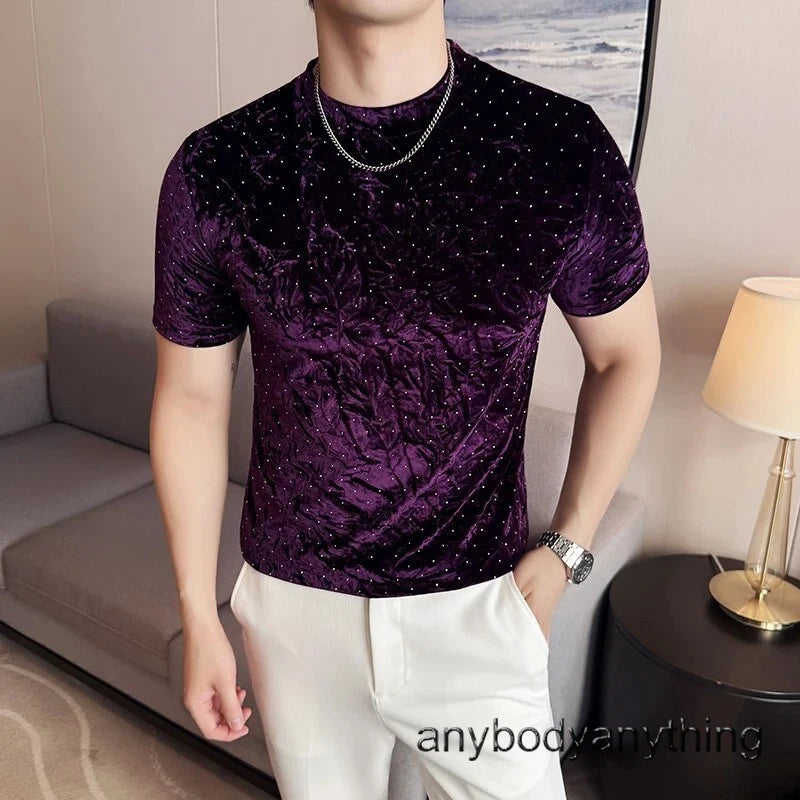 New Men Luxury Velvet Fashion Hot Stamping T-Shirt High Quality 4 Colors