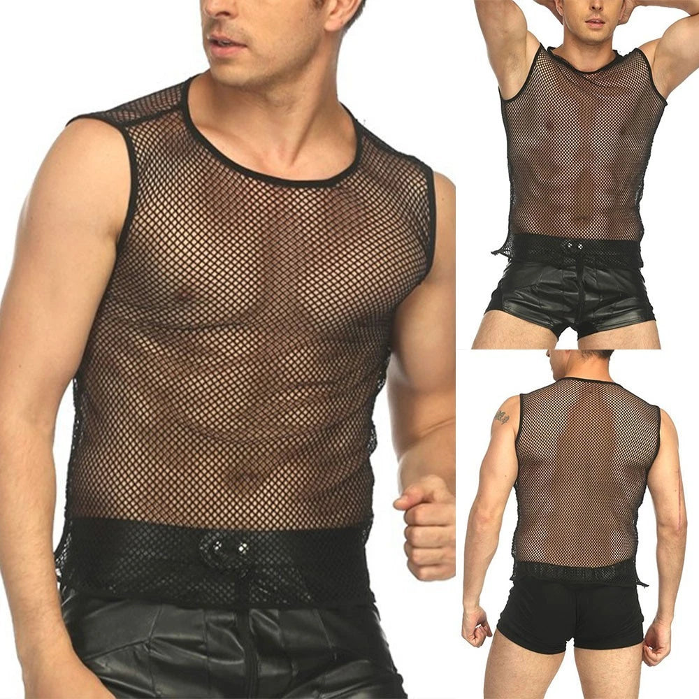 Fashionable Mens String Vest Sleeveless Sport Shirt in Lightweight Mesh