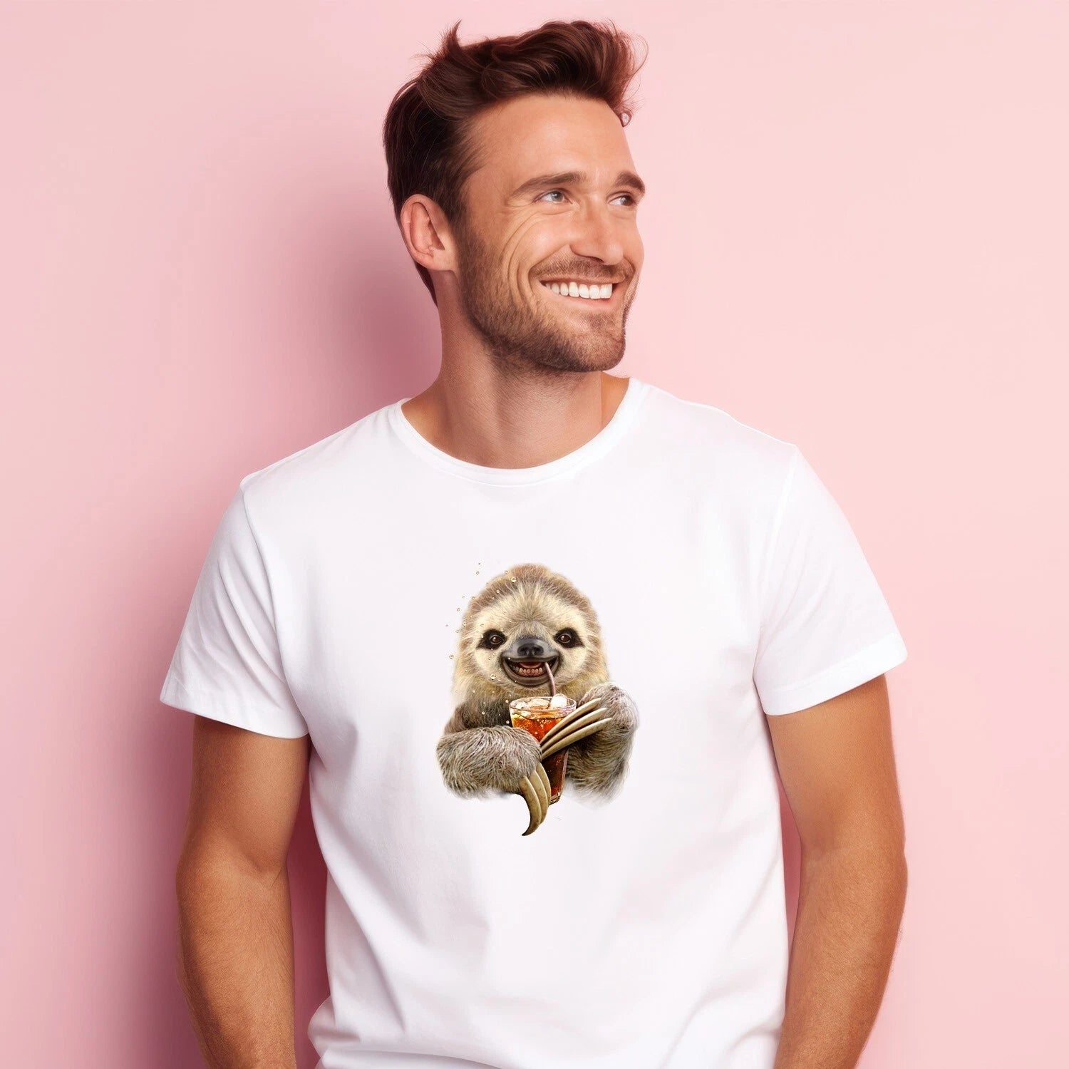 Men's T-Shirt Short Sleeve White, SLOTH AND DRINK