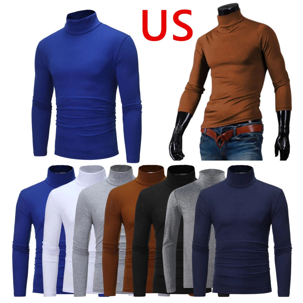 Mens Long Sleeves Top Mock Neck T-Shirt Slim Fit Tops Solid Color AU