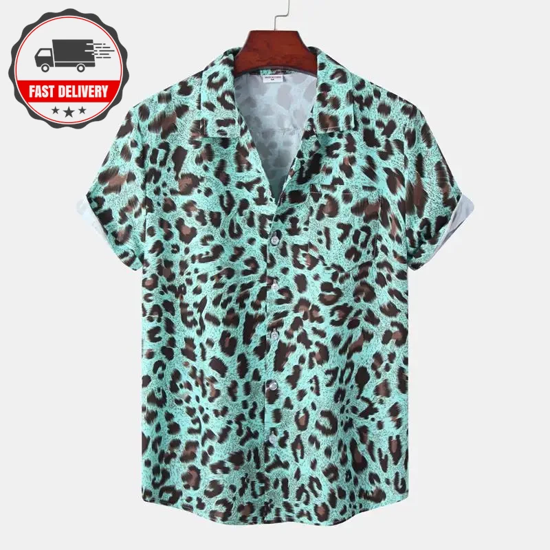 Men Leopard Print Shirt Casual Short Sleeve Button Down Summer Beach Top