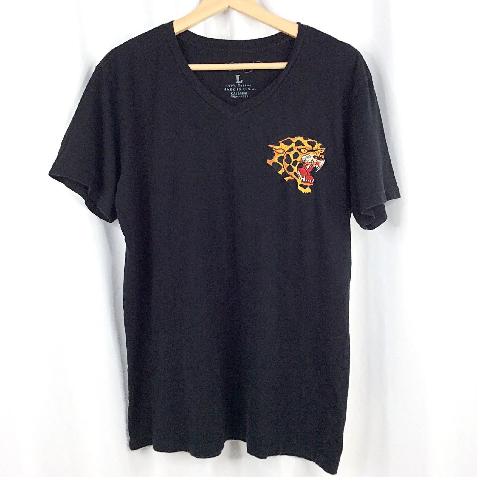 Ed Hardy by Christian Audigier T-Shirt Men's Large Embroidered Tiger V-Neck SS