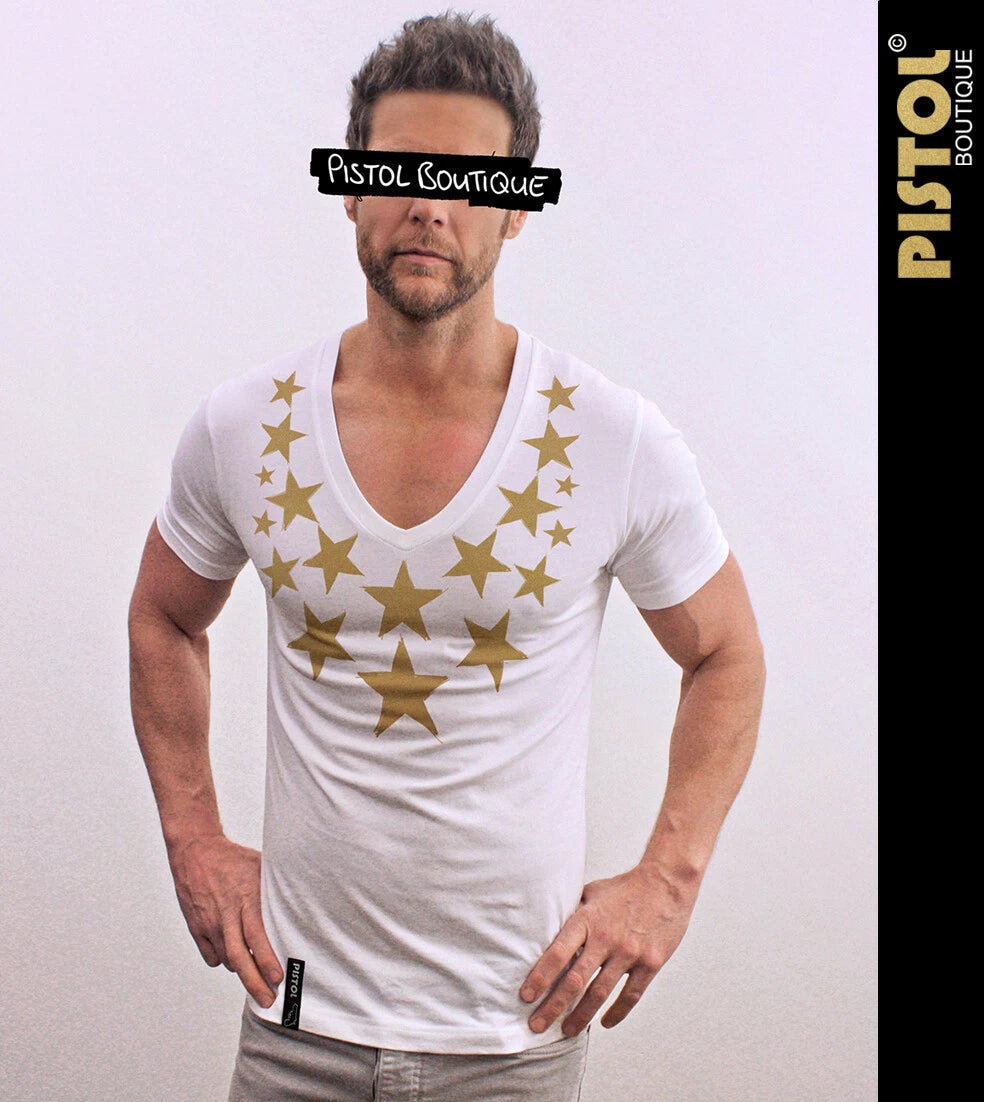 Pistol Boutique Herren Slim Fit Weißes Deep V-Neck T-Shirt Gold Stars Druck