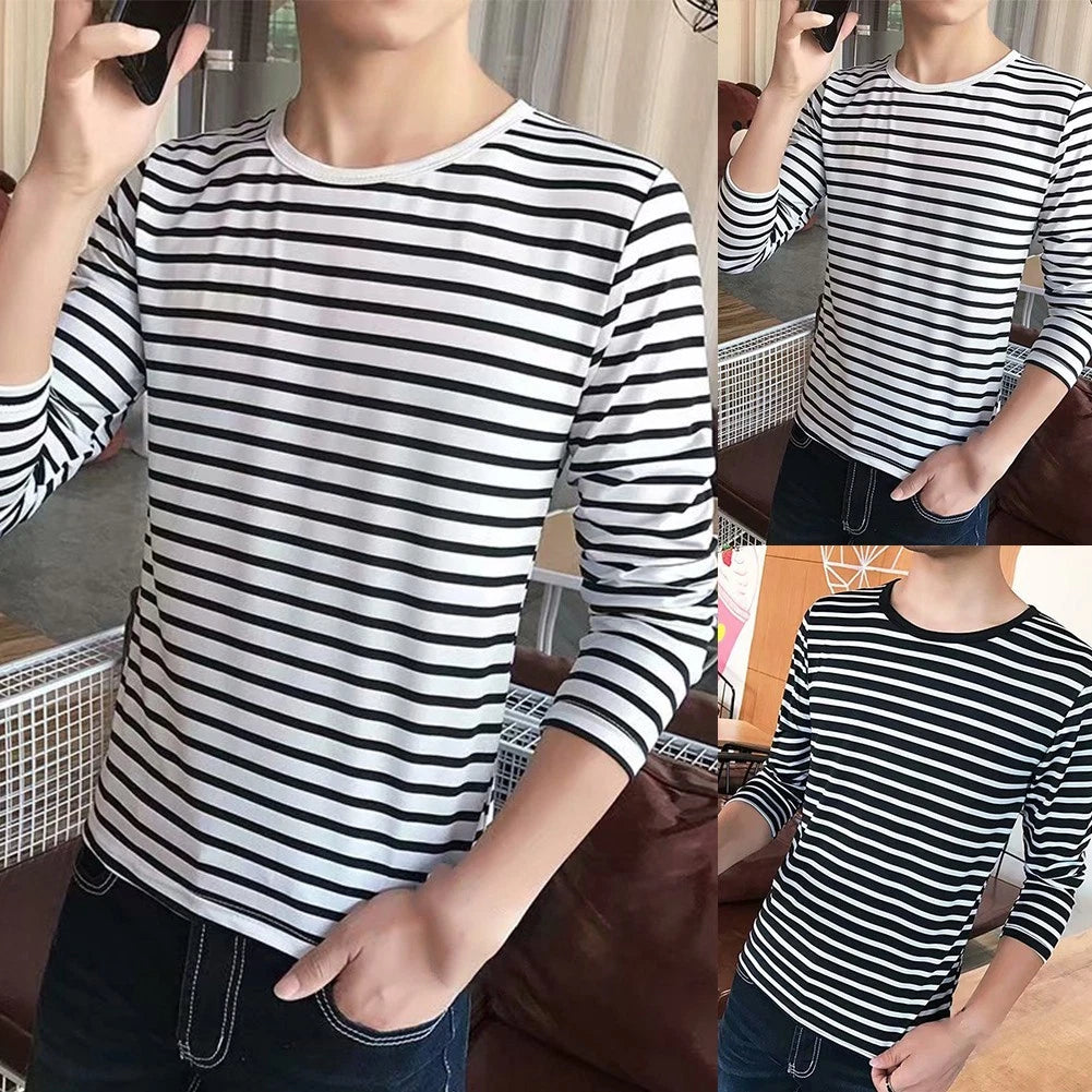 Stylish Men's Stripe Tee Tops Long Sleeve Round Neck Shirts for Everyday Style