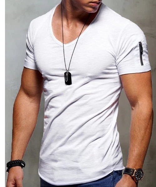 Men's Muscle T-Shirt Short-Sleeve V-Neck Summer Activewear Gym Tees White 3XL