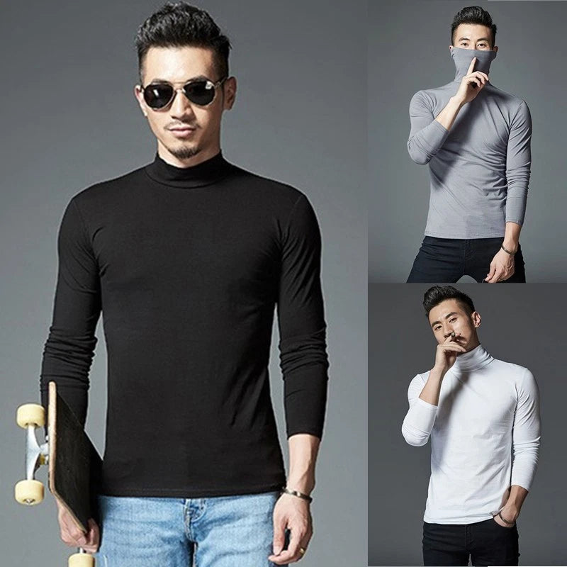 Modern Men's Turtleneck Long Sleeve Tops in Solid Color for Casual Attire