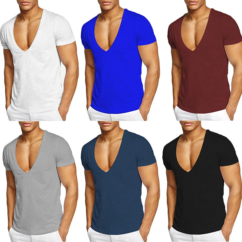 Men Deep V Neck T-Shirt Tunic Tops Pullover Shirt Tees Slim Fit T-Shirt Fashio ๑