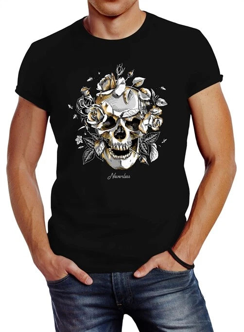 Men's T-Shirt Skull Roses Skull Slim Fit Neverless®