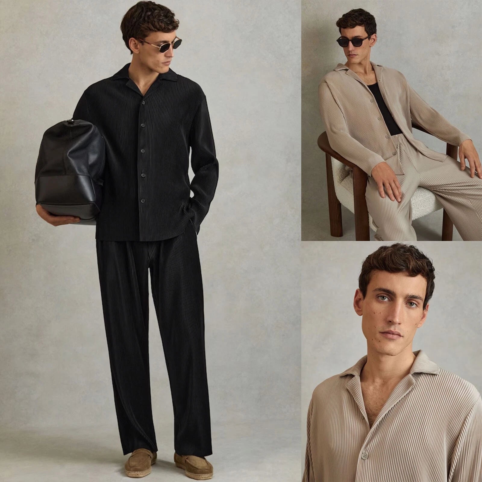 REISS Mens Icon Plisse Fabric Cuban Collar Shirt Designer Long Sleeve Button Up