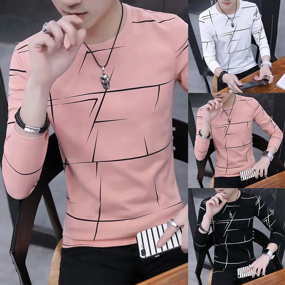 Trendy Crew Neck Blouse Pullover Men's Slim Fit Long Sleeve Print T Shirt